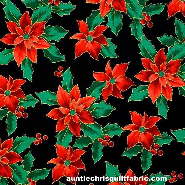 Fat Quarter Shop Cotton Fabric Pre Cut Fat Quarters Christmas Metallic Poinsettias Black - product images  of 
