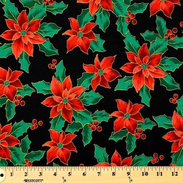 Fat Quarter Shop Cotton Fabric Pre Cut Fat Quarters Christmas Metallic Poinsettias Black - product images  of 