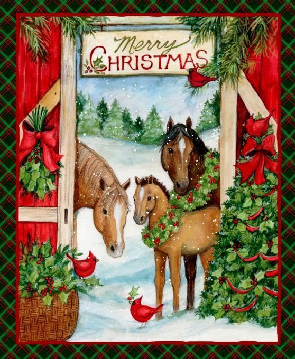 Good Buy Slight flaw Fabric Susan Winget Christmas Three Horses Panel - product images  of 