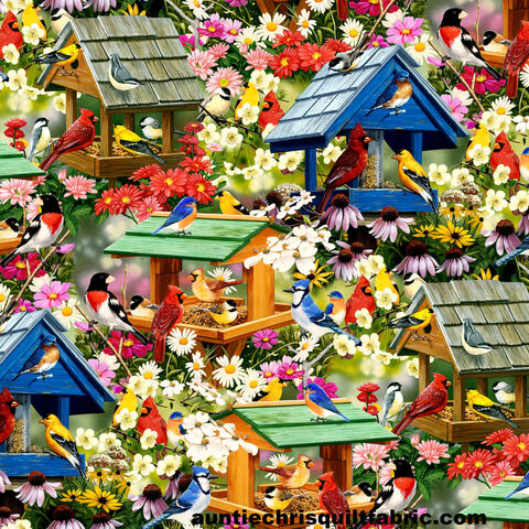 Good,Buy,Cotton,Quilt,Fabric,Multi,Spring,Again,Birds,Birdhouses,Gardening,Flowers,,quilt backing, dresses, quilt fabric,cotton material,auntie chris quilt,sewing,crafts,quilting,online fabric,sale fabric