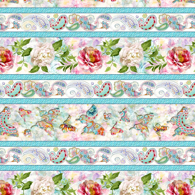 Good Buy Cotton Quilt Fabric Wild Blush Peonies Border Stripes multi Pastel - product images  of 