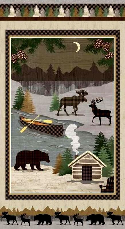 Cotton Quilt Fabric Panel Twilight Lake Scenic Cabin Moose Elk Deer Bear 24" - product images  of 