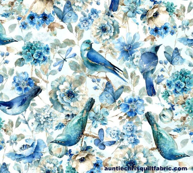 Cotton Quilt Fabric BIRDS BUTTERFLIES FLOWERS Blue Multi Pre Cut Yards - product images  of 