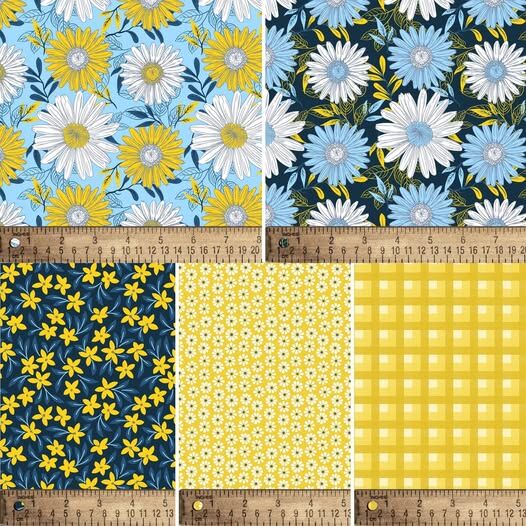 Cotton Quilt Fabric Darling Daisy Fat Quarter Medley Navy Yellow - product images  of 