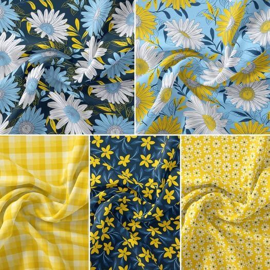Cotton Quilt Fabric Darling Daisy Fat Quarter Medley Navy Yellow - product images  of 
