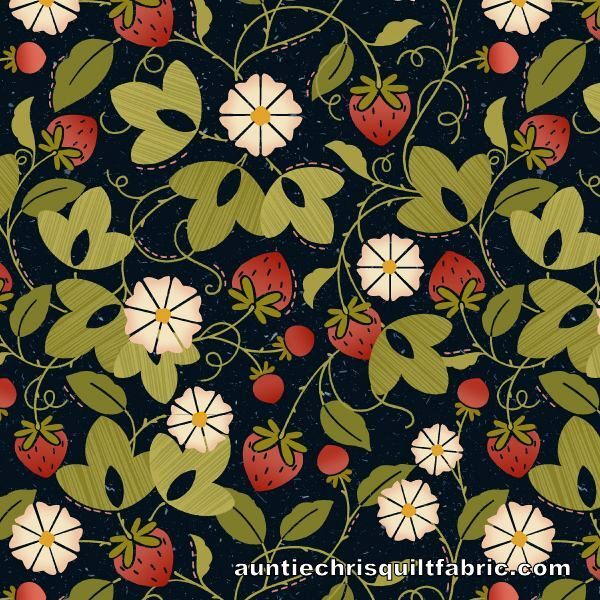 Cotton Quilt Fabric Strawberry Patched Main Floral Navy Blue - product images  of 
