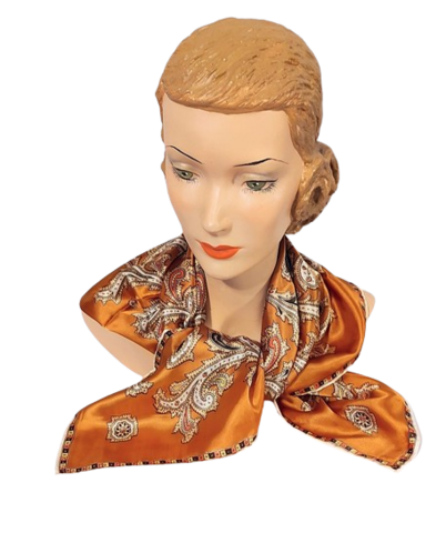 Large,1950s,Vintage,Orange,Rust,And,Brown,Paisley,Silky,Square,Scarf,Hand,Rolled,1950s large vintage orange brown paisley scarf, large orange rust square paisley 1950s scarf wrap, vintage scarves from another time vintage apparel, 1950s vintage scarves for sale, paisley print vintage scarves, mid century scarves wraps