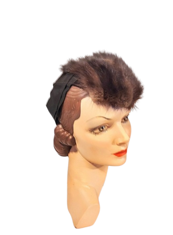 Vintage,1940s,Small,Brown,Felt,Tilt,Hat,With,Mink,Fur,Trim,And,A,Ribbon,Back,Band,1940s brown felt and fur tilt vintage hat, brown vintage 1940s tilt hat, brown hat with mink trim 1940s, forties hats, vintage brown hat with mink trim, vintage brown hat with fur trim, film noir hat, WWll era vintage hat, hats from another time vintage a