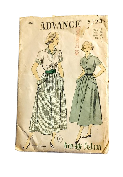 Vintage Early 1950s Sewing Pattern For A Long Full Skirted Fitted Dress With Big Pockets Bust 30 Advance - product images  of 