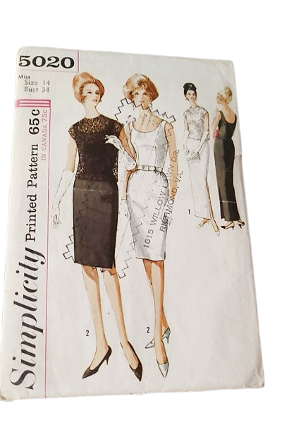Vintage 1960s Sewing Pattern For A Tight Fitting Cocktail Dress Or Evening Gown With Overblouse Simplicity #5020 Bust 34 - product images  of 