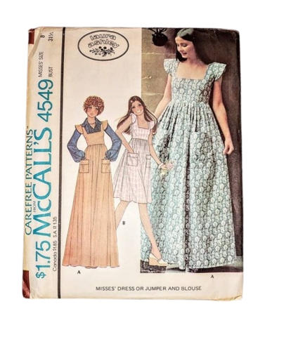 Unused,1970s,Vintage,Laura,Ashley,Sewing,Pattern,For,A,Prairie,Style,Maxi,And,Short,Dress,Or,Jumper,Blouse,McCall's,4549,XS,31,1/2,Bust,1970s laura ashley mccalls uncut sewing pattern prairie maxi and short dress and blouse, unused 1970s sewing patterns, cottagecore prairie 1970s laura ashley vintage sewing pattern, mccalls 1970s romantic long short dress and top sewing pattern, vintage l