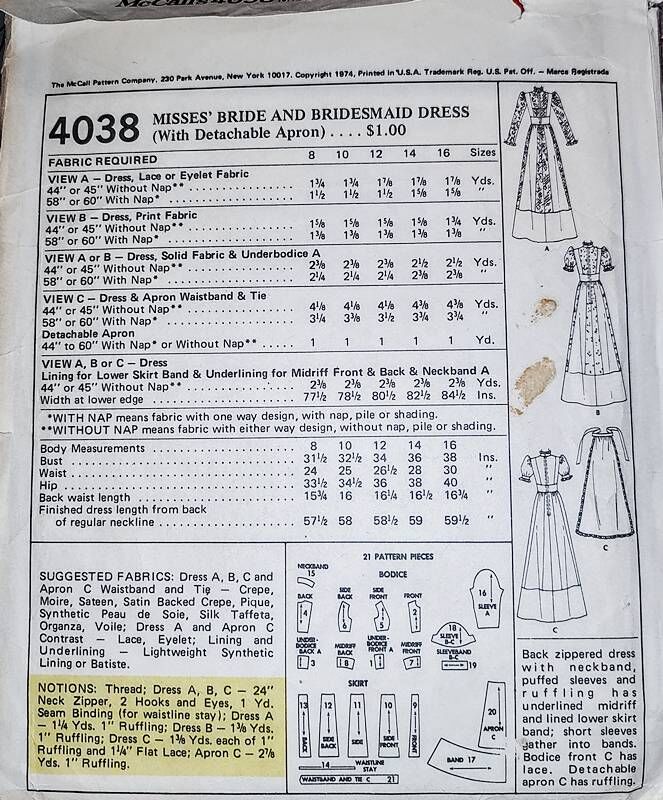 Unused Original 1970s Vintage Sewing Pattern For A Victorian Prairie Style Romantic High Neck Wedding Gown And Bridesmaid Gown Dress McCall's 4038 Bust 31 1/2 XS - product images  of 