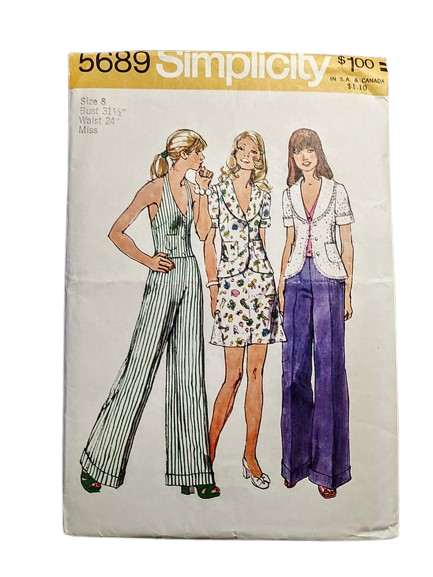 Early 1970s Vintage Sewing Pattern For A Fitted Halter Top Vest, Mini Skirt, Fitted Jacket And Wide Leg Pants Simplicity #5689 XS - product images  of 
