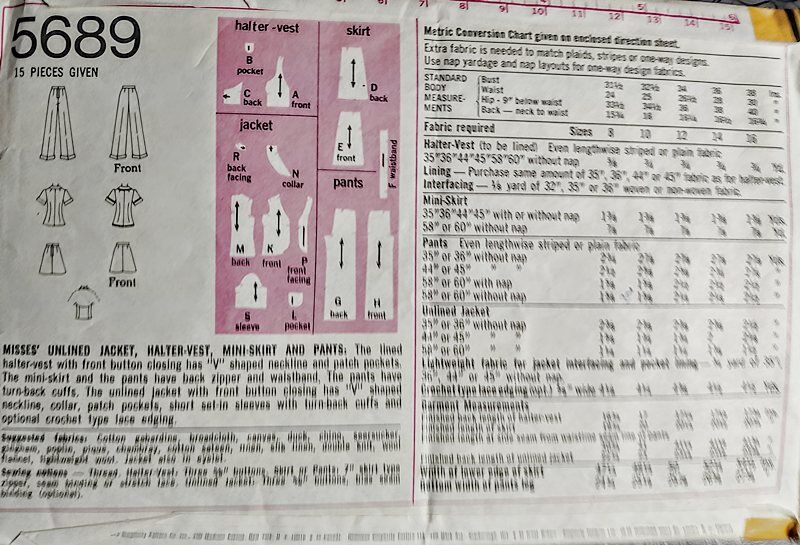 Early 1970s Vintage Sewing Pattern For A Fitted Halter Top Vest, Mini Skirt, Fitted Jacket And Wide Leg Pants Simplicity #5689 XS - product images  of 