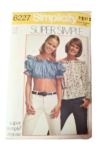Authentic,1970s,Vintage,Off,Shoulder,Peasant,Boho,Blouse,Or,Midriff,Baring,Crop,Top,Sewing,Pattern,Simplicity,6227,Small,early 1970s simplicity sewing pattern for an off shoulder peasant blouse or crop top, 1970s vintage peasant boho blouse midriff top simplicity sewing pattern, 1970s vintage sewing patterns another time vintage apparel, early 1970s vintage clothing, mid ri
