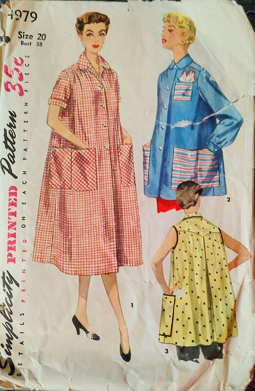 Authentic 1950s Vintage Larger Size Long Or Short Smock Top Jacket Duster Or Robe Housecoat Sewing Pattern From Simplicity 4979 Bust 38  - product images  of 
