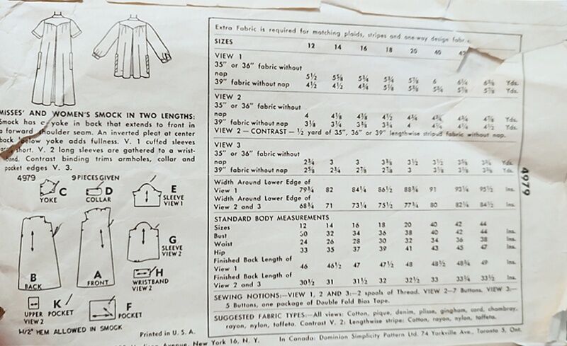 Authentic 1950s Vintage Larger Size Long Or Short Smock Top Jacket Duster Or Robe Housecoat Sewing Pattern From Simplicity 4979 Bust 38  - product images  of 