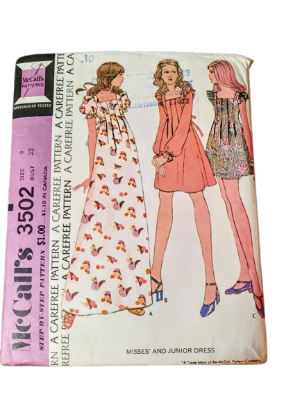 SOLD True Vintage Early 1970s Sewing Pattern For A Romantic Baby Doll Dress Mini Or Maxi Length With 3 Styles Of Sleeves Never Used Bust 32 McCalls #3502 - product images  of 