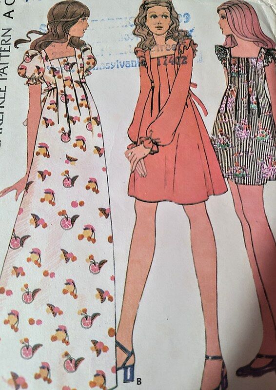 SOLD True Vintage Early 1970s Sewing Pattern For A Romantic Baby Doll Dress Mini Or Maxi Length With 3 Styles Of Sleeves Never Used Bust 32 McCalls #3502 - product images  of 
