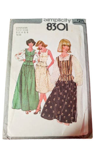 Never,Used,1970s,Vintage,Sewing,Pattern,For,Long,Or,Short,Skirt,,Peasant,Blouse,And,Camisole,Corset,Top,Simplicity,#,8301,Bust,30,1/2,31,Small,1970s vintage unused sewing pattern boho romantic peasant blouse, camisole corset top long short skirt, simplicity vintage sewing pattern #8301, vintage 70 cottagecore blouse, vest corset comisole top and long short skirt, 1970s prairie stylepeasant blous
