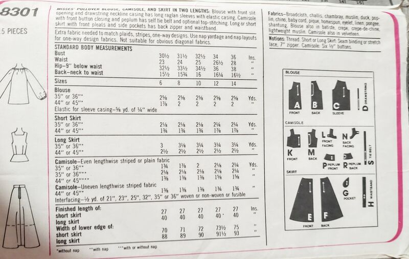 Never Used 1970s Vintage Sewing Pattern For Long Or Short Skirt, Peasant Blouse And Camisole Corset Top Simplicity # 8301 Bust 30 1/2 And 31 1/2 Small - product images  of 