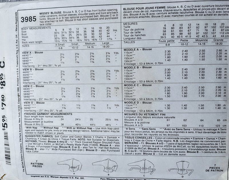 Never Used 1980s Vintage Sewing Pattern For Blouses With Different Necklines And Waist Tucks McCall's Large Size Bust 40 42 - product images  of 