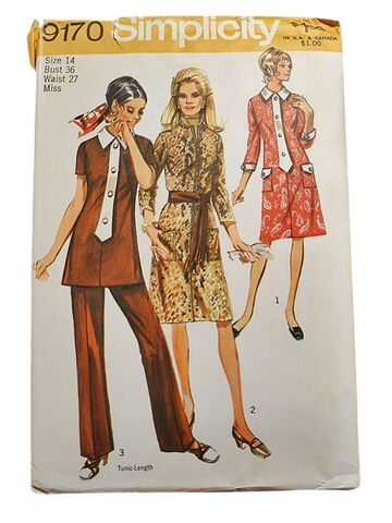 Vintage,Unused,1970s,Shift,Dress,Or,Tunic,Pant,Suit,Sewing,Pattern,By,Simplicity,9170,Bust,36,simplicity 1970s vintage unused sewing pattern shift dress tunic and pants set, vintage 1970s sewing patterns, 1970s dress. 1970s pant suit, never used cut 70s simplicity dress and pants suit sewing pattern, vintage sewing patterns, vintage sewing pattern