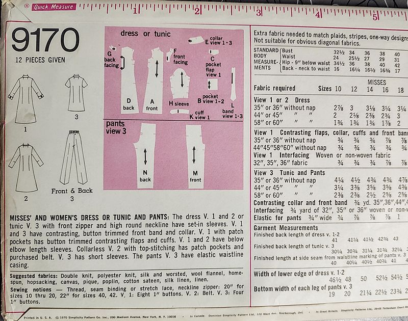 Vintage Unused 1970s Shift Dress Or Tunic Pant Suit Sewing Pattern By Simplicity 9170 Bust 36  - product images  of 