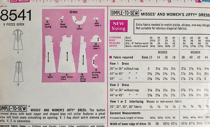 Never Used 1960s Vintage Simplicity Sewing Pattern For An A Line Shift Dress With A Rolled Collar #8541 Bust 36 - product images  of 