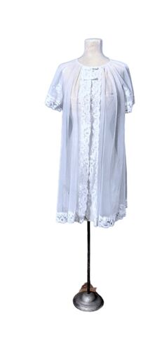 Vintage,1960s,Sheer,White,Nylon,Short,Robe,With,A,Lace,Front,And,Bows,Medium,1960s vintage short white nylon lacy robe house coat, 60s vintage robe peignoir with lace and bows, sheer white nylon short peignoir robe 1960s, vintage lingerie for sale another time vintage apparel, vintage robes, vintage underwear, 1960s white fancy ho