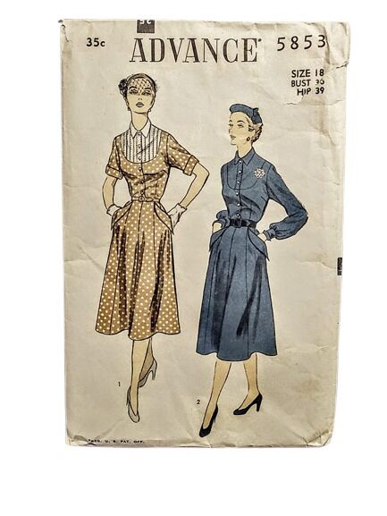 Early 1950s Vintage Sewing Pattern For A Longer Fit And Flare Dress With Pockets Advance Bust 36 - product images  of 