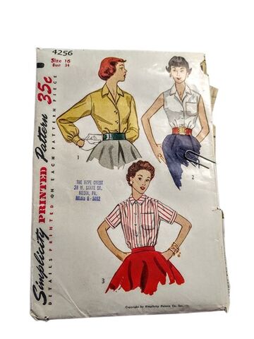 Vintage,1950s,Original,Sewing,Pattern,For,A,Fitted,Blouse,Shirt,With,Front,Buttons,And,Collar,Simplicity,4256,Bust,34,early 1950s vintage fitted blouse shirt top sewing pattern simplicity, darted fitted 3 types of sleeves blouse pattern 1950s vintage, 1950s blouses tops, vintage 1950s patterns for sale, vintage patterns from another time vintage apparel, 1950s clothing, 