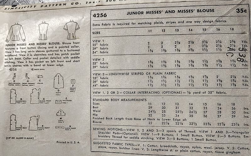 Vintage 1950s Original Sewing Pattern For A Fitted Blouse Shirt With Front Buttons And Collar Simplicity 4256 Bust 34 - product images  of 