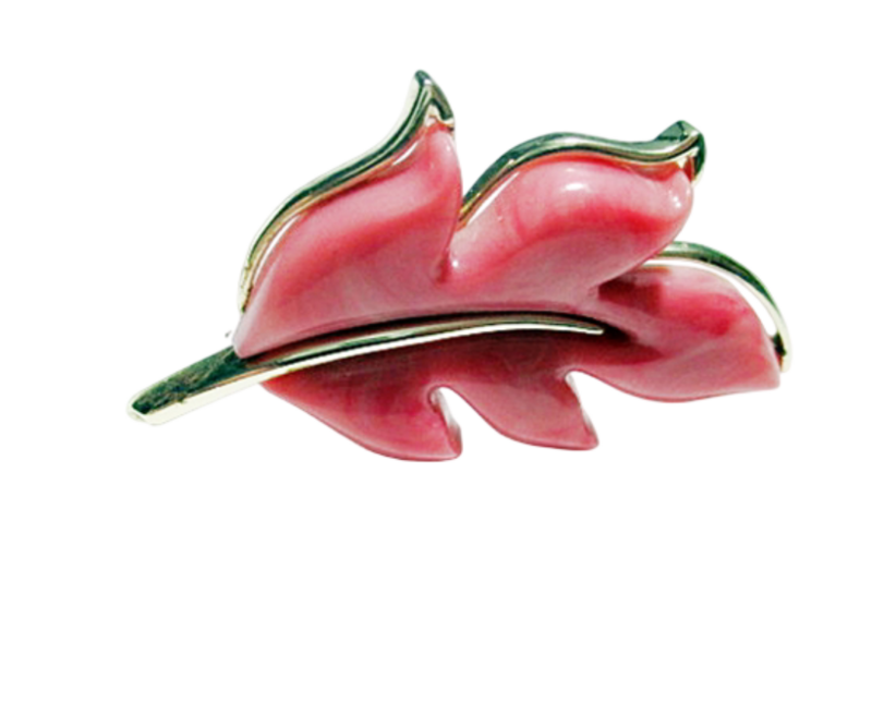 Vintage 1960s Large Pink Lucite Plastic Leaf Pin By Sarah Coventry Autumn Splendor Brooch   - product images  of 