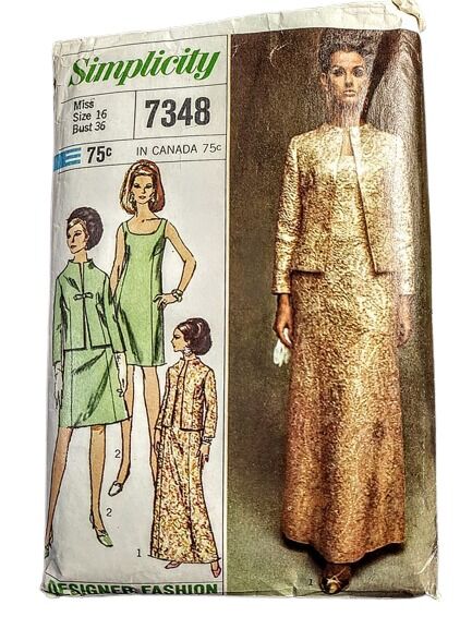 Vintage 1960s Sewing Pattern For A Cocktail Length Or Evening Gown With A Boxy Jacket Simplicity #7348 Bust 36 - product images  of 