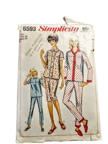 Vintage,1960s,Sewing,Pattern,For,Tailored,Pajamas,With,Long,Or,Short,Sleeves,And,Pants,Simplicity,#6593,Bust,34,1960s vintage sewing pattern pajamas long short sleeves and narrow pants Simplicity, vintage 1960s simplicity patterns, 1960s tailored pjs with long or short top and tapered pants sewing pattern, pajama vintage sewing pattern, vintage pajamas, vintage top