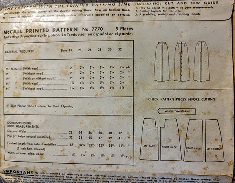 Late 1940s Vintage Sewing Pattern For A Long Slim Skirt With Back Details McCall's #7770 Waist 30 - product images  of 