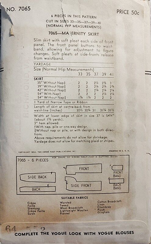 Early 1950s Vintage Longer Length Slightly Full Maternity Skirt Vogue Sewing Pattern 7065 Hip 37 - product images  of 