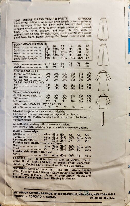 Unused 1970s Vintage Sewing Pattern For A Dress or Tunic Top And Wide Leg Pants Butterick 3295 Bust 36 - product images  of 