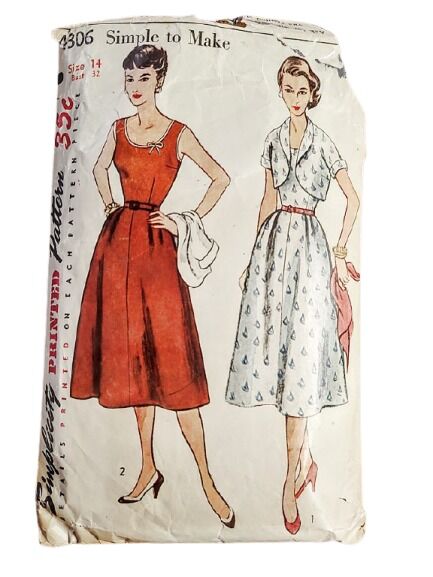 1950s Vintage Mid Century Original Sewing Pattern for A Sleeveless Fit And Flare Sundress And Cropped Jacket Simplicity 4306 B 32 - product images  of 