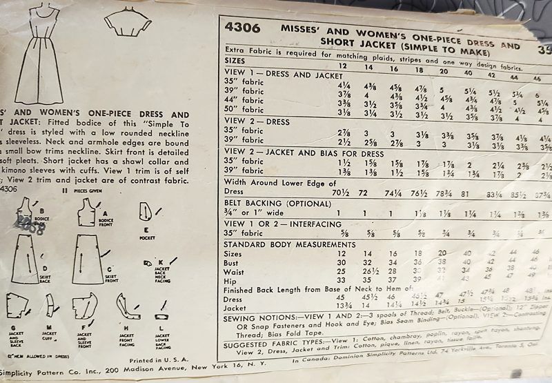 1950s Vintage Mid Century Original Sewing Pattern for A Sleeveless Fit And Flare Sundress And Cropped Jacket Simplicity 4306 B 32 - product images  of 