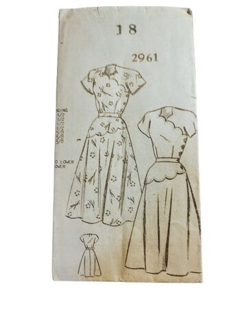 Vintage,1940s,50s,Sewing,Pattern,For,A,Fit,And,Flare,Longer,Length,Dress,With,Scalloped,Details,Bust,36, 1940s 50s vintage fit and flare sewing pattern longer skirt, vintage mail order sewing pattern 1940s 1950s, vintage mid century sewing pattern, mcm sewing pattern, vintage film noir sdewing pattern, 1940s fitted dress with short sleeves, fit and flare vi