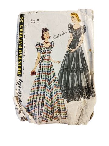 True,Vintage,1940s,Simplicity,Sewing,Pattern,For,An,Evening,Gown,With,Puffed,Sleeves,,Sweetheart,Neckline,and,Full,Skirt,#3247,Bust,32,1930s 40s simplicity sewing pattern for an evening gown dress puffed sleeves, vintage 1930sa 40s long evening gown full skirt shirt sleeves sweetheart neckline, vintage sewing patterns 1930s, vintage 1940s sewing patterns, vintage sewing patterns another 