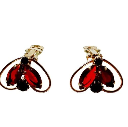 Vintage 1950s Heart Shaped Deep Ruby Red Rhinestones Clip Earrings  - product images  of 
