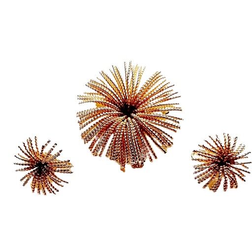 Vintage 1960s Large Metal Pin And Earrings Set Gold Tone Fire Works Look Signed Bergere - product images  of 