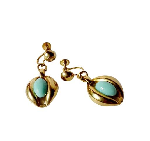  Vintage 1960s Turquoise Blue Plastic And Metal Link Bracelet And Drop Earring Set Screw Backs  - product images  of 