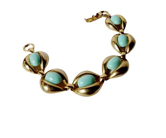  Vintage 1960s Turquoise Blue Plastic And Metal Link Bracelet And Drop Earring Set Screw Backs  - product images  of 