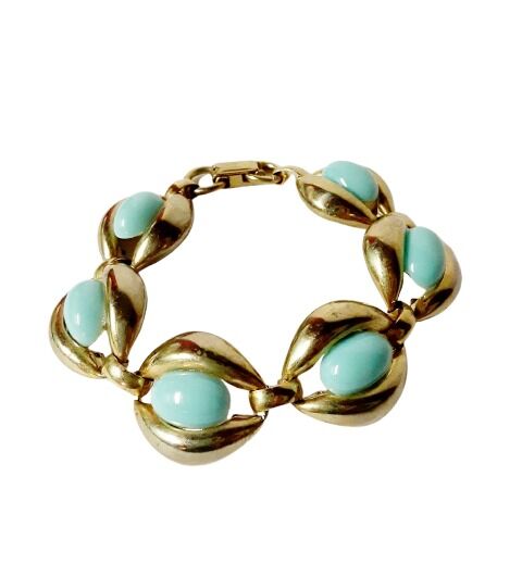  Vintage 1960s Turquoise Blue Plastic And Metal Link Bracelet And Drop Earring Set Screw Backs  - product images  of 