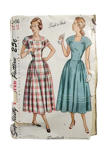 Vintage,Late,1940s,Fit,And,Flare,Longer,Length,Dress,Sewing,Pattern,With,A,Square,Neck,Simplicity,2406,Bust,30,late 1940s sewing pattern long full skirted dress with square neck simplicity small, 1940s vintage sewing patterns, vintage patterns another time vintage apparel, patterns for sale, full skirted vintage 1940s dress, vintage sewing, costuming, fit and flar