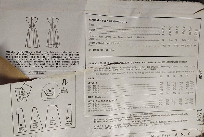 Vintage Late 1940s Fit And Flare Longer Length Dress Sewing Pattern With A Square Neck Simplicity 2406 Bust 30 - product images  of 